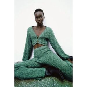 Zara 3 Piece Set Bralette, Cardigan & Matching High Waisted Pants Green Marl